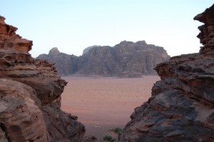 The beautiful landscape and rock formations of Wadi Rum, a vast area in the south of Jordan that borders Saudia Arabia. The movie Lawrence of Arabia was filmed at this site. 