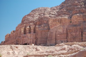 Ancient Petra is far more than its centerpiece, The Treasury (above). It is a wide open area featuring high cliffs whose vertical faces have been carved, like The Treasury and the cliff here, to house the dead. 